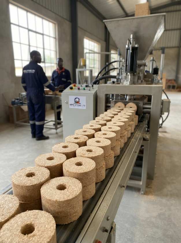 Briquette production line — conveyor feeding the press machine