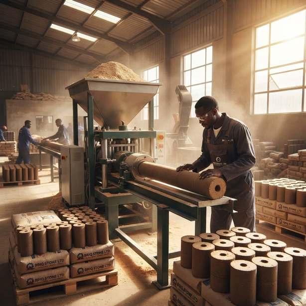Worker at the briquette press beside pallets of sacked product