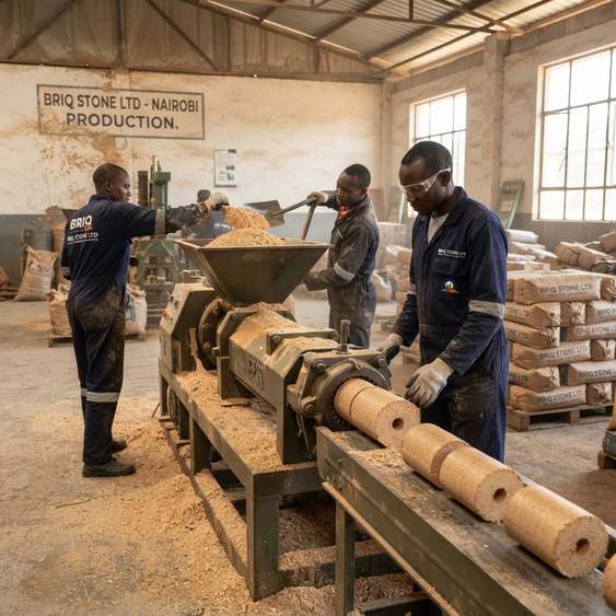 Workers feeding sawdust into the briquette press at our Nairobi plant
