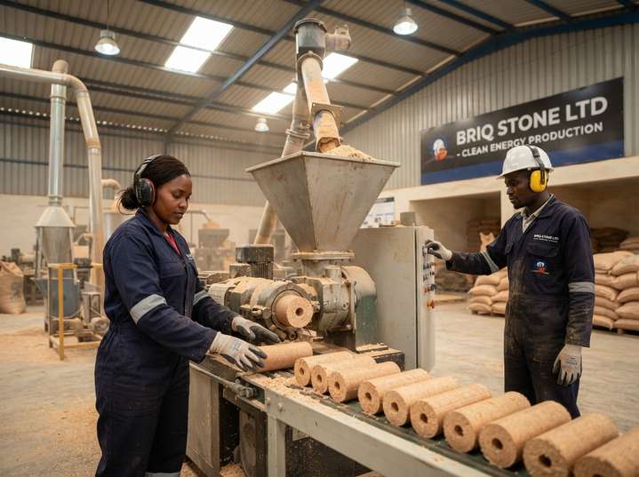 Workers operating the briquette press at the Briq Stone clean-energy plant