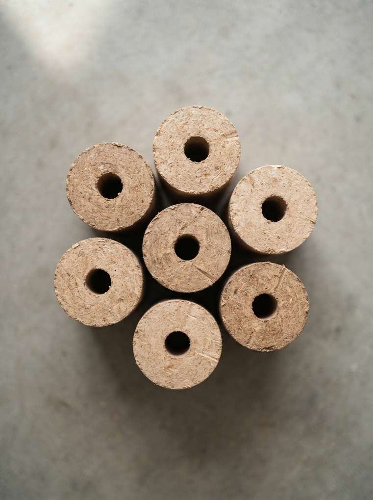 Sawdust briquette cluster, top-down view