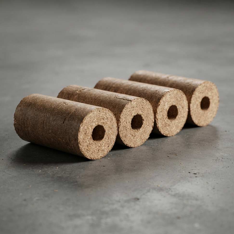 Four sawdust briquettes in a row showing the centre airflow hole