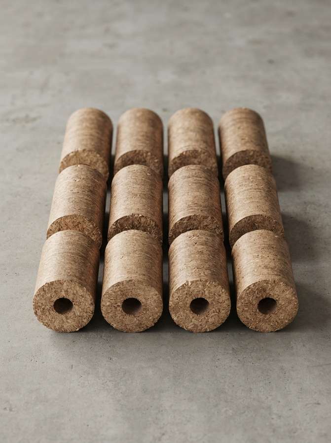 Hollow-centre briquette cylinders arranged in rows