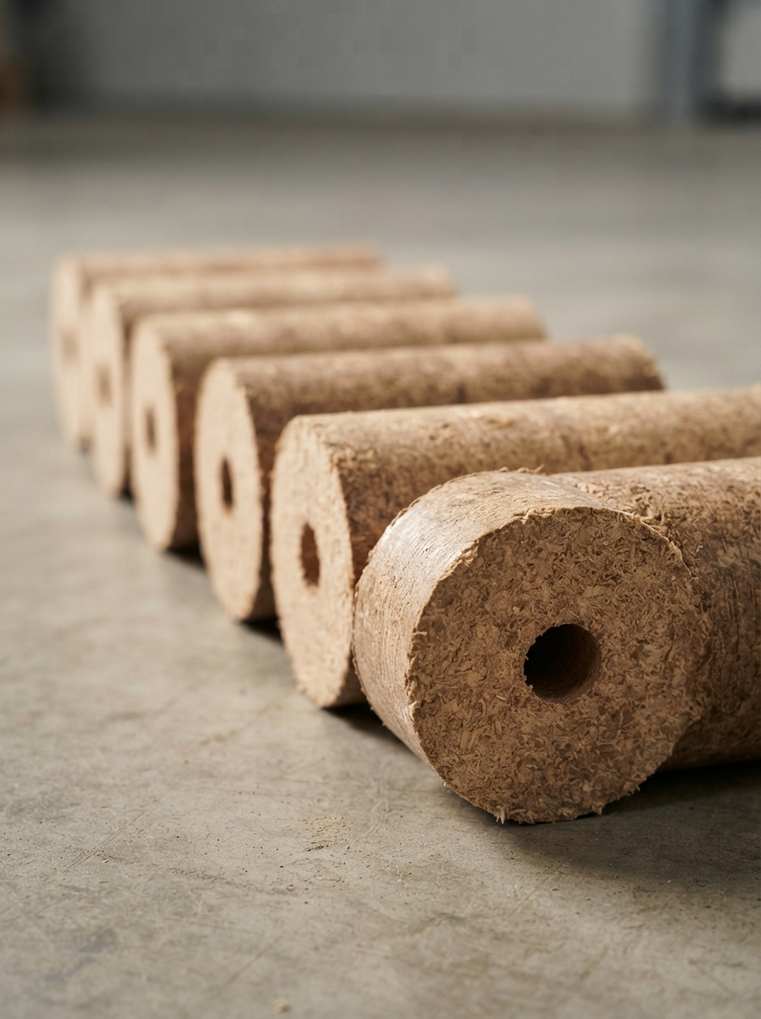 Close-up of long hollow-centre sawdust briquettes lined up
