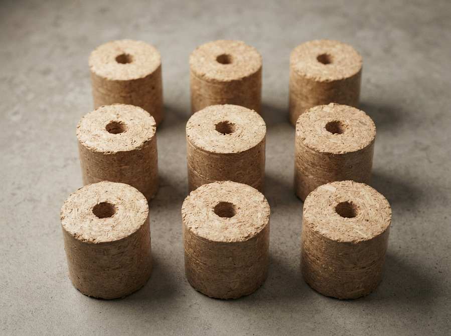 Nine short round sawdust briquettes in a grid