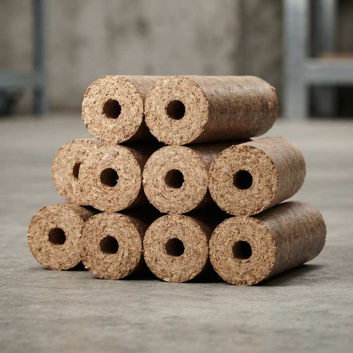 Hollow-centre briquettes stacked in a pyramid